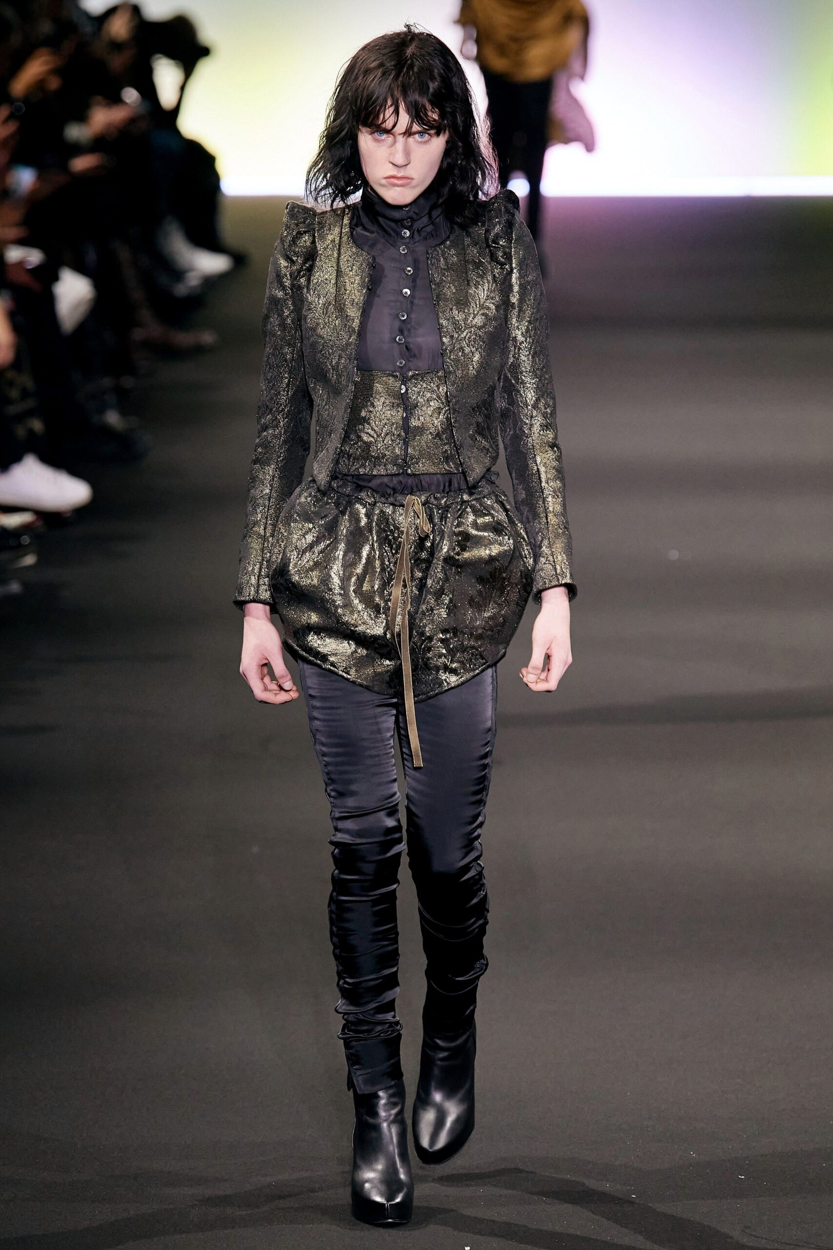 black gold tailored blazer with sheer top