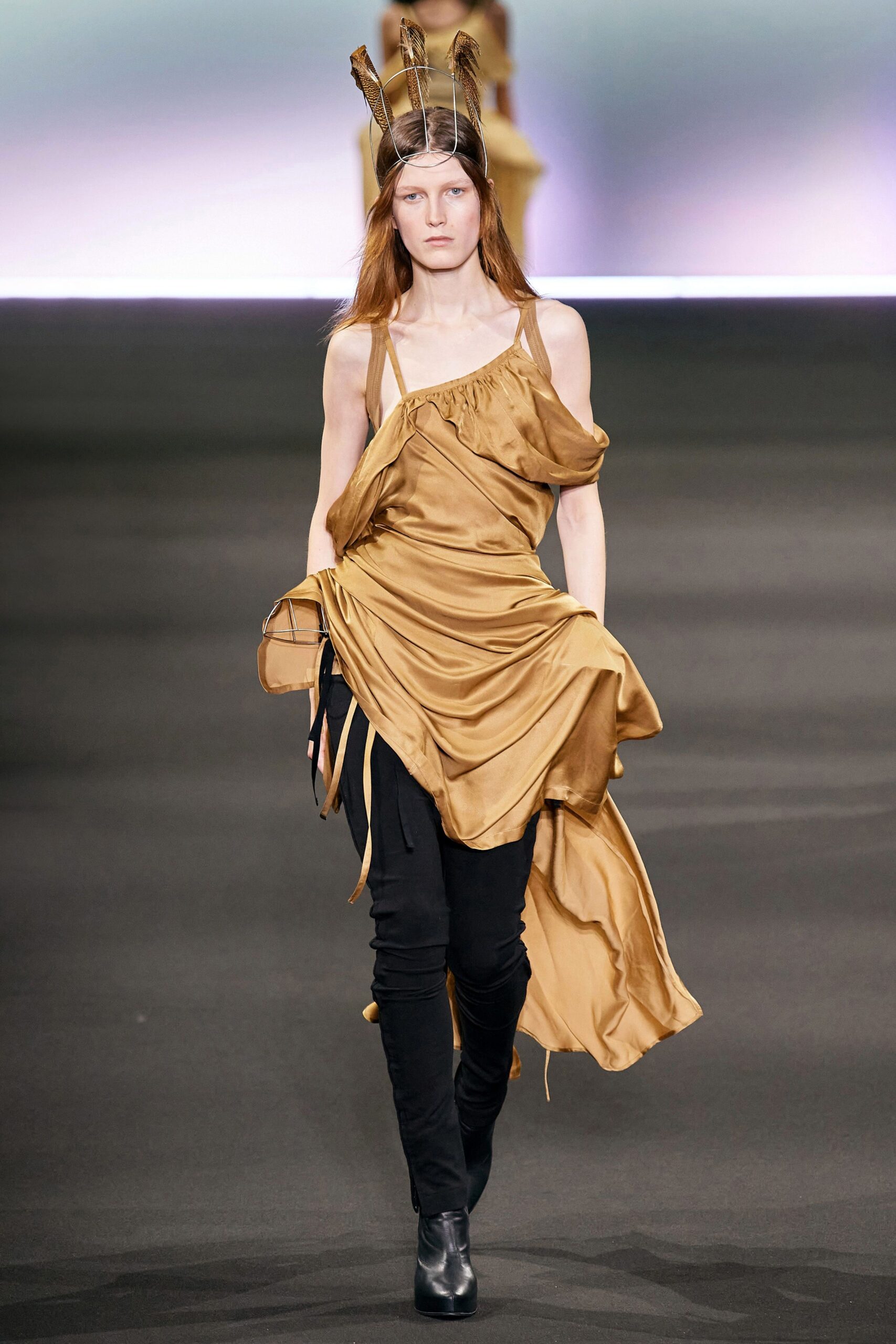 gold draped midi dress with black pants