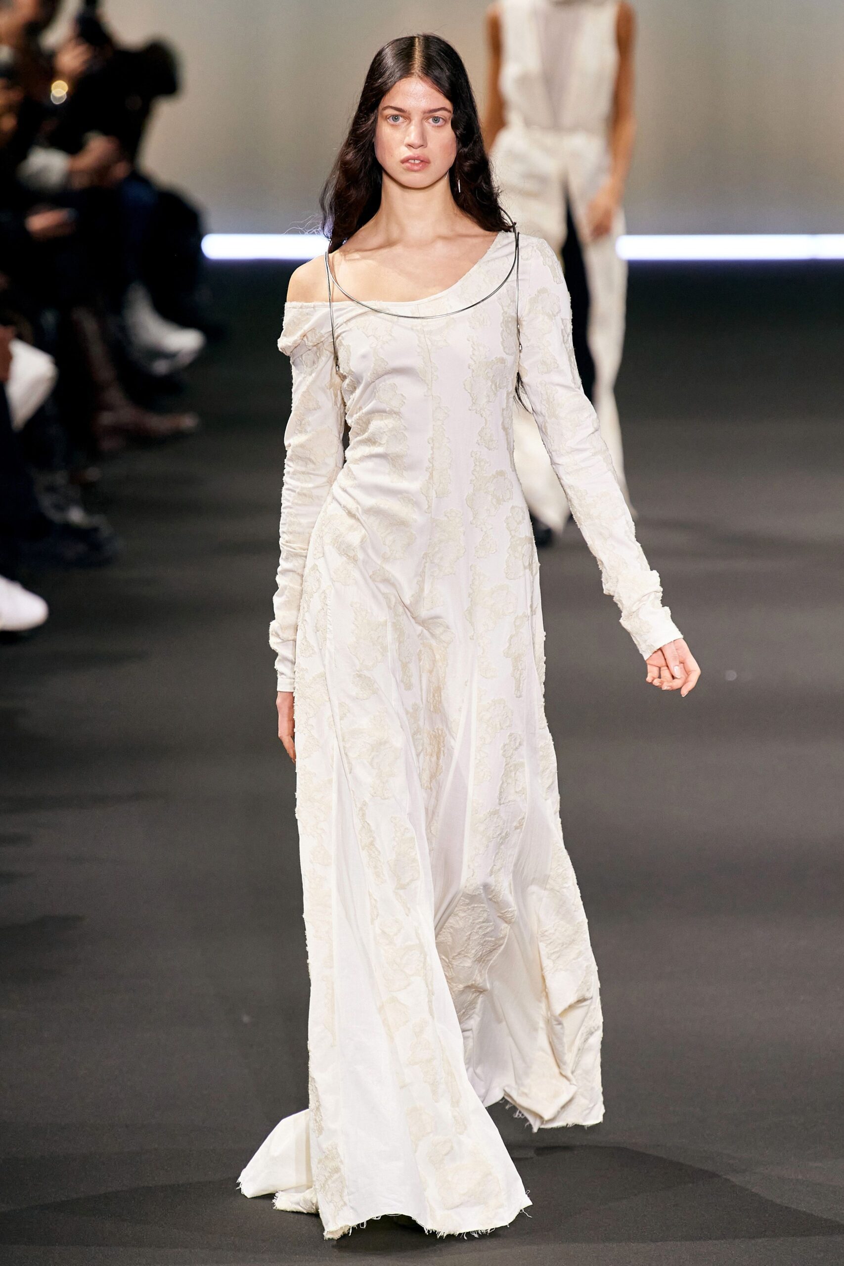 white silk off-shoulder gown