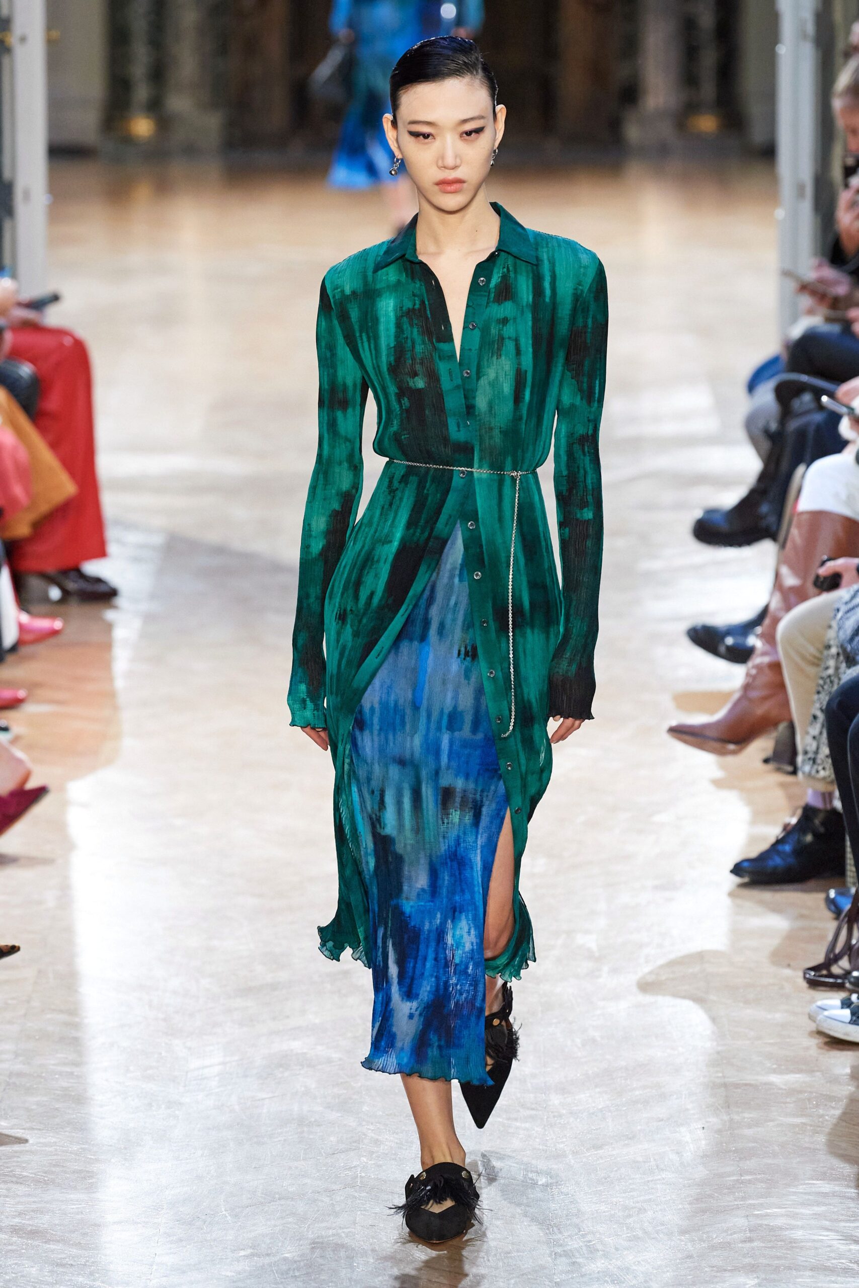green and blue silk midi dress