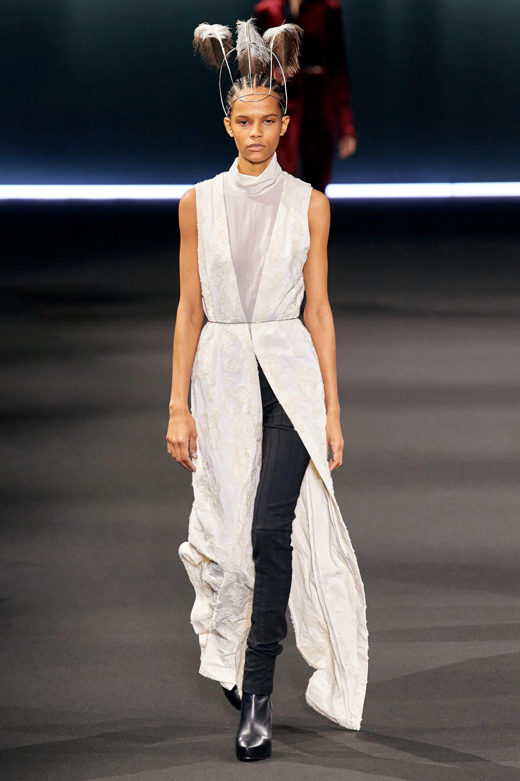 white draped maxi dress with black pants