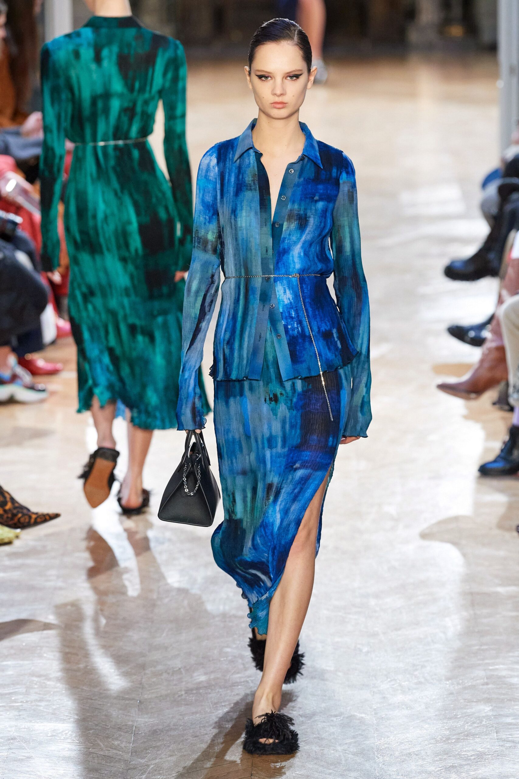 blue silk long-sleeve v-neck fitted printed flowing dress