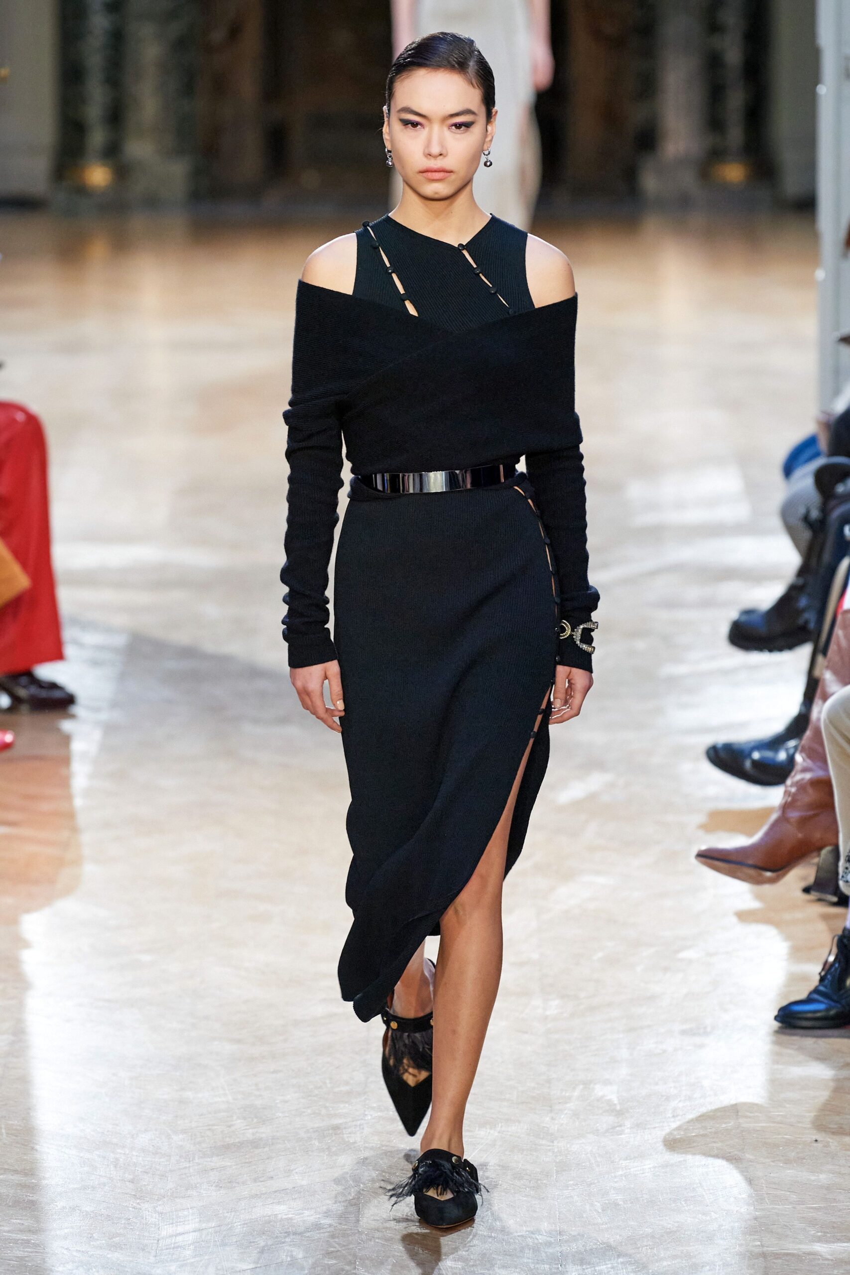 black fitted off-shoulder dress