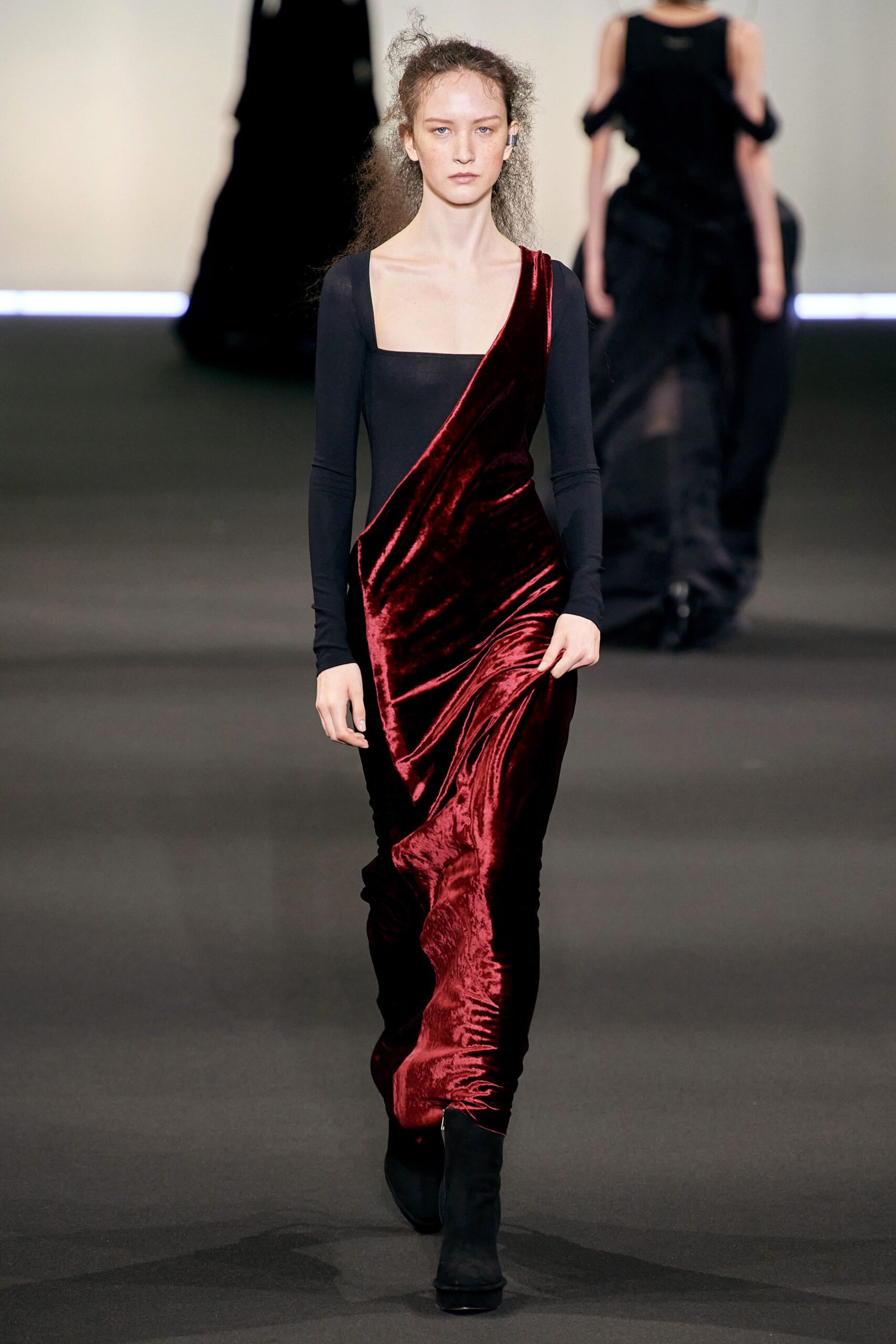 red velvet draped dress