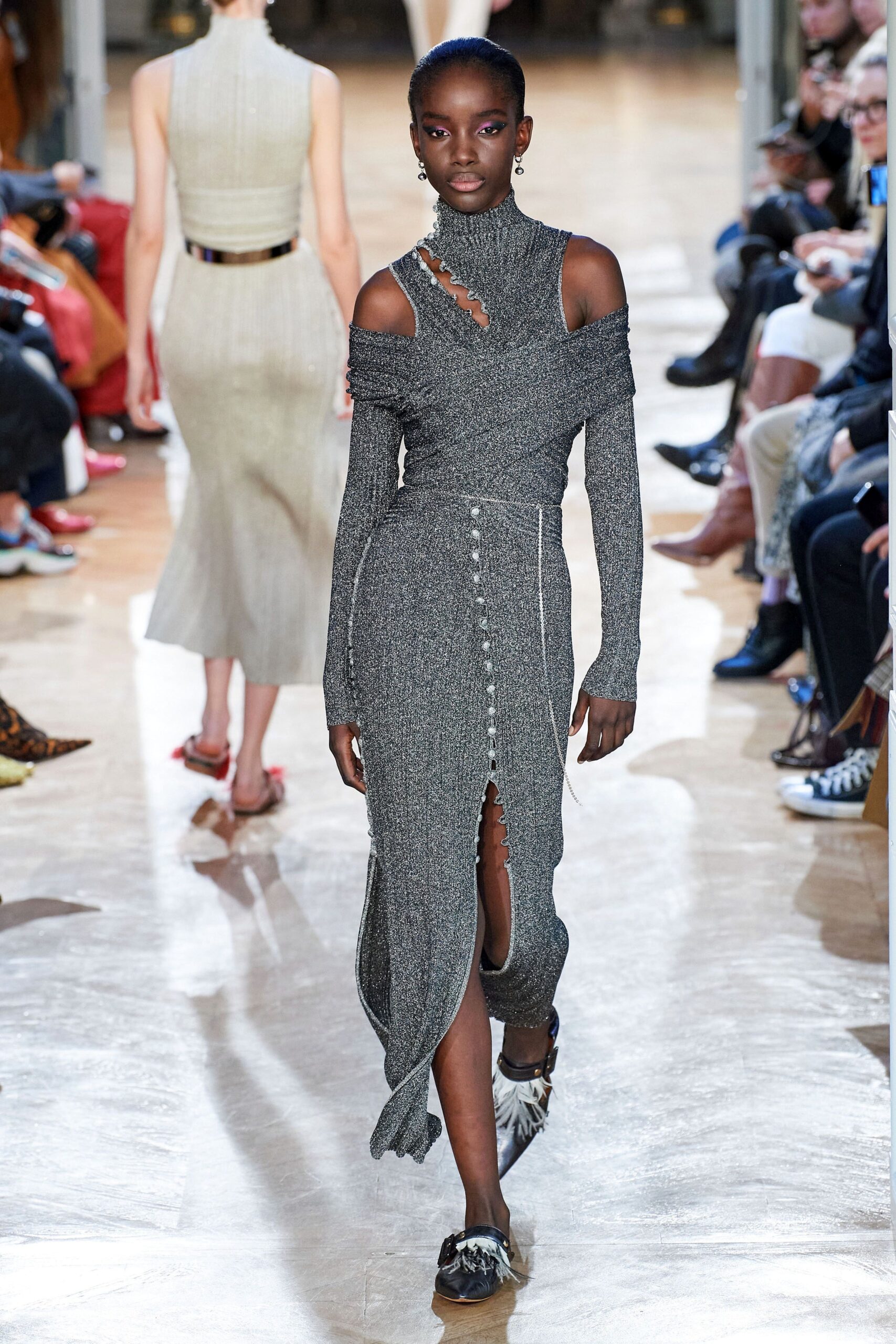 fitted gray knit off-shoulder dress