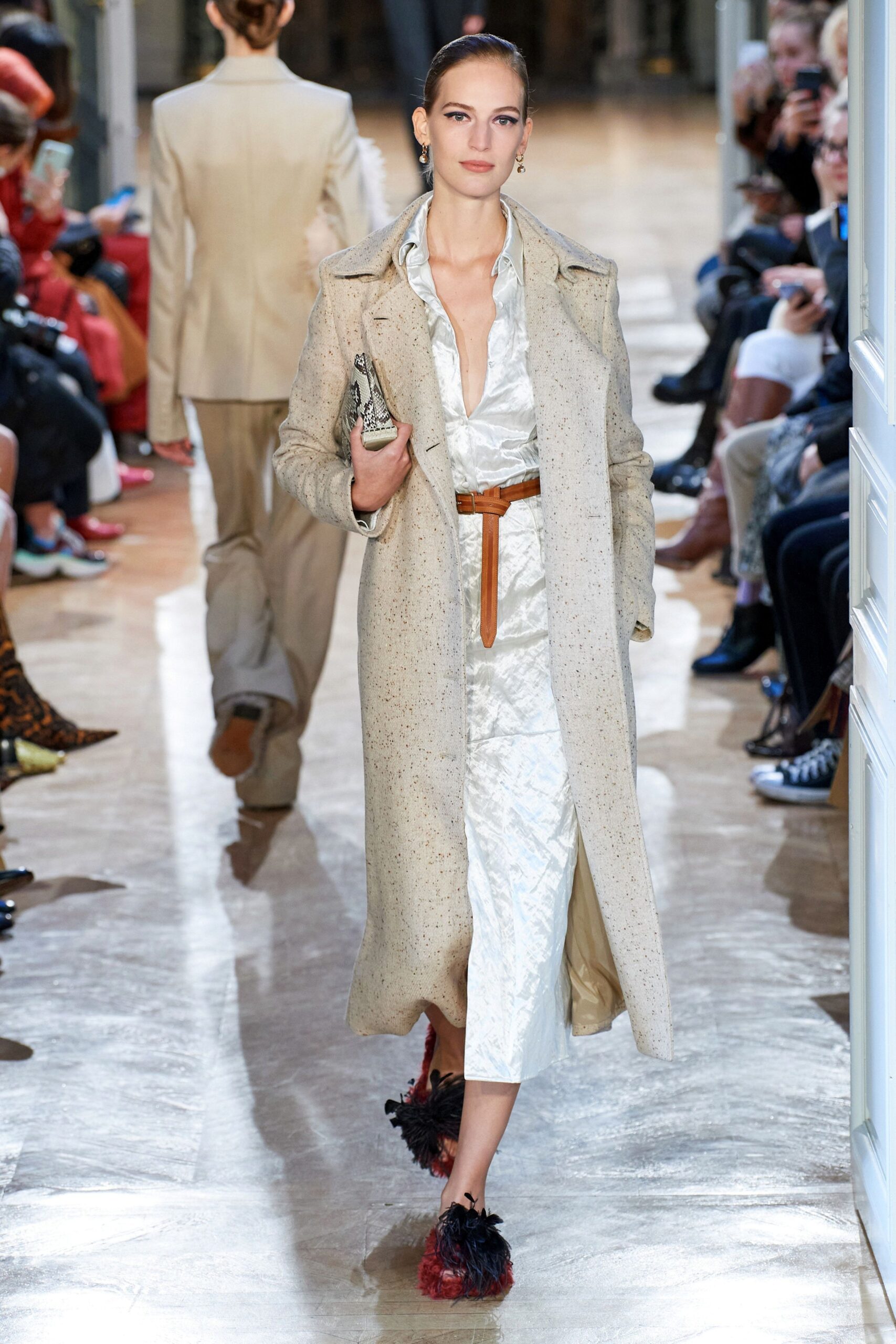 beige silk long-sleeve collared relaxed buttoned coat