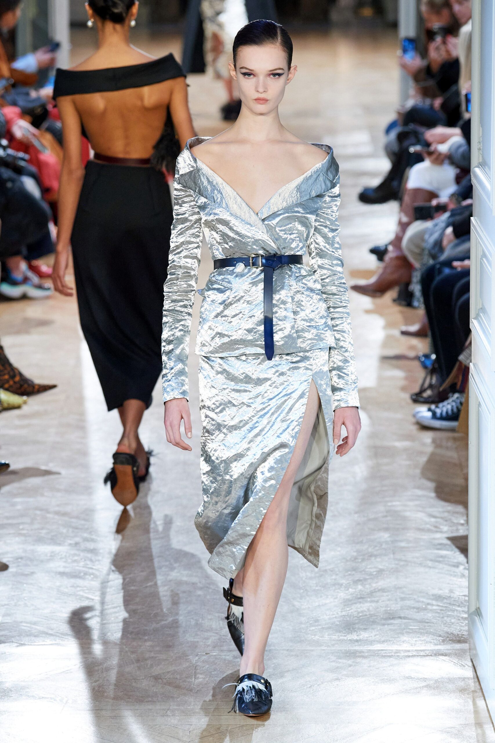 silver silk fitted dress