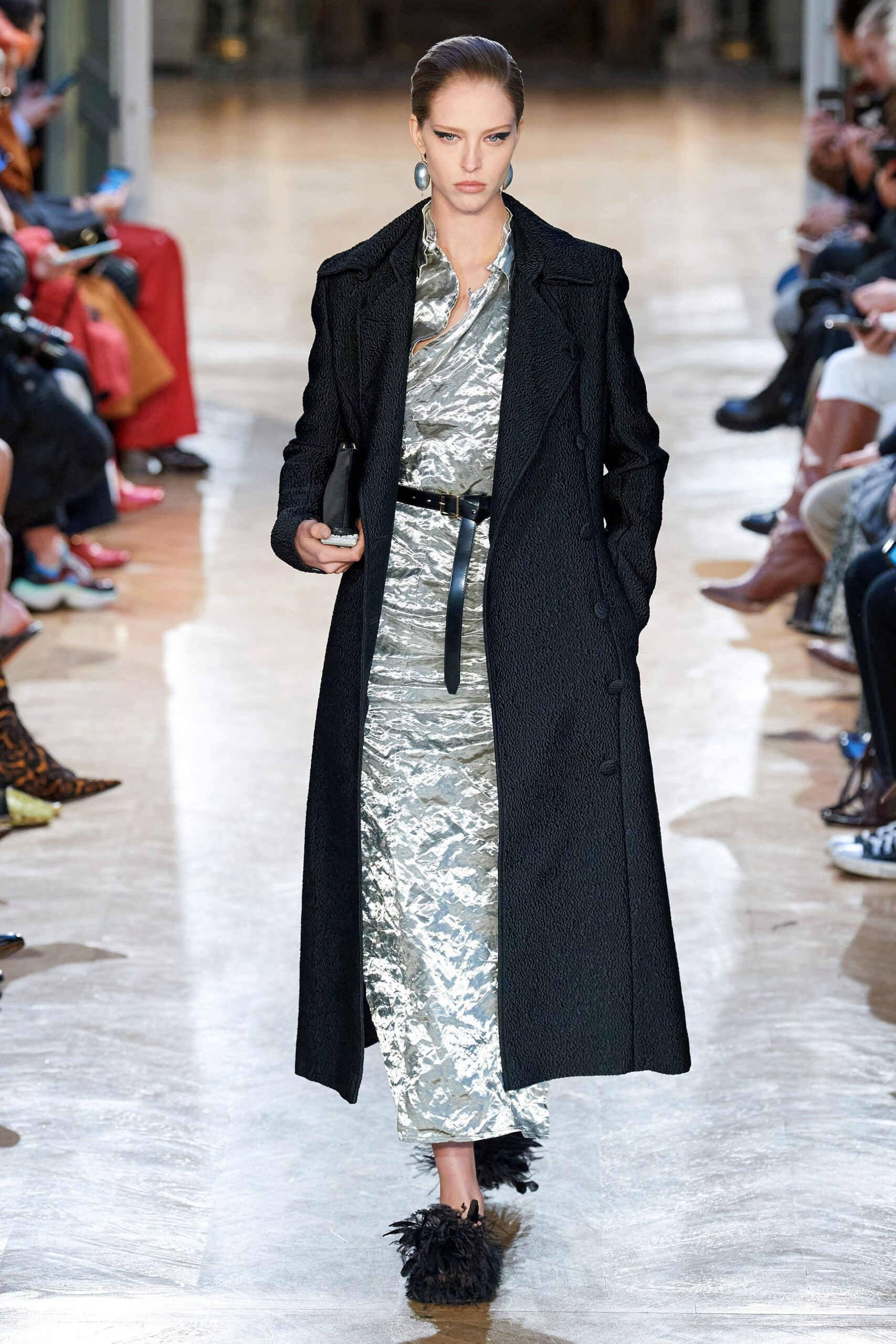 black wool coat with silver dress