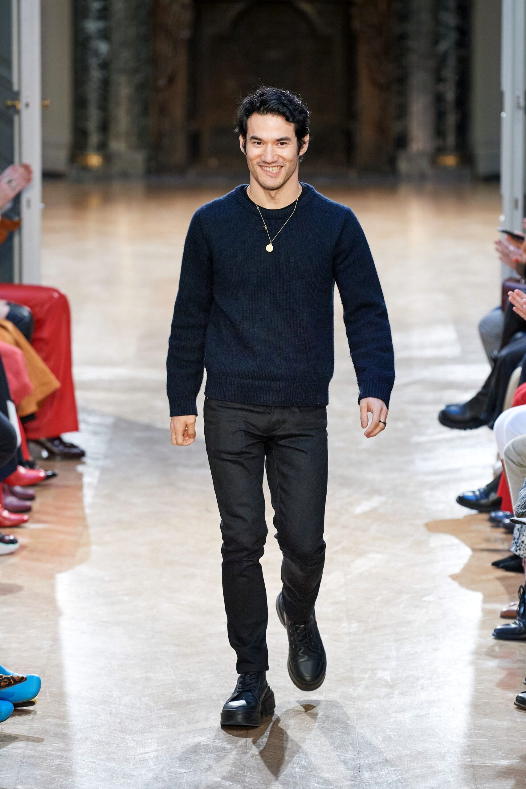 navy wool sweater with black pants