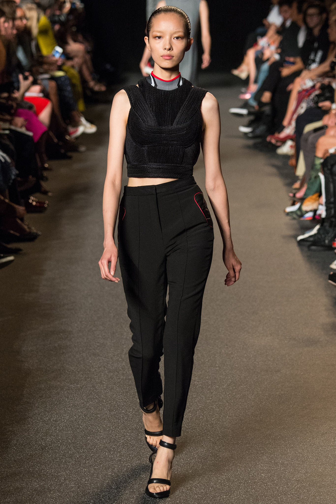 black silk sleeveless high-neck fitted pleated top