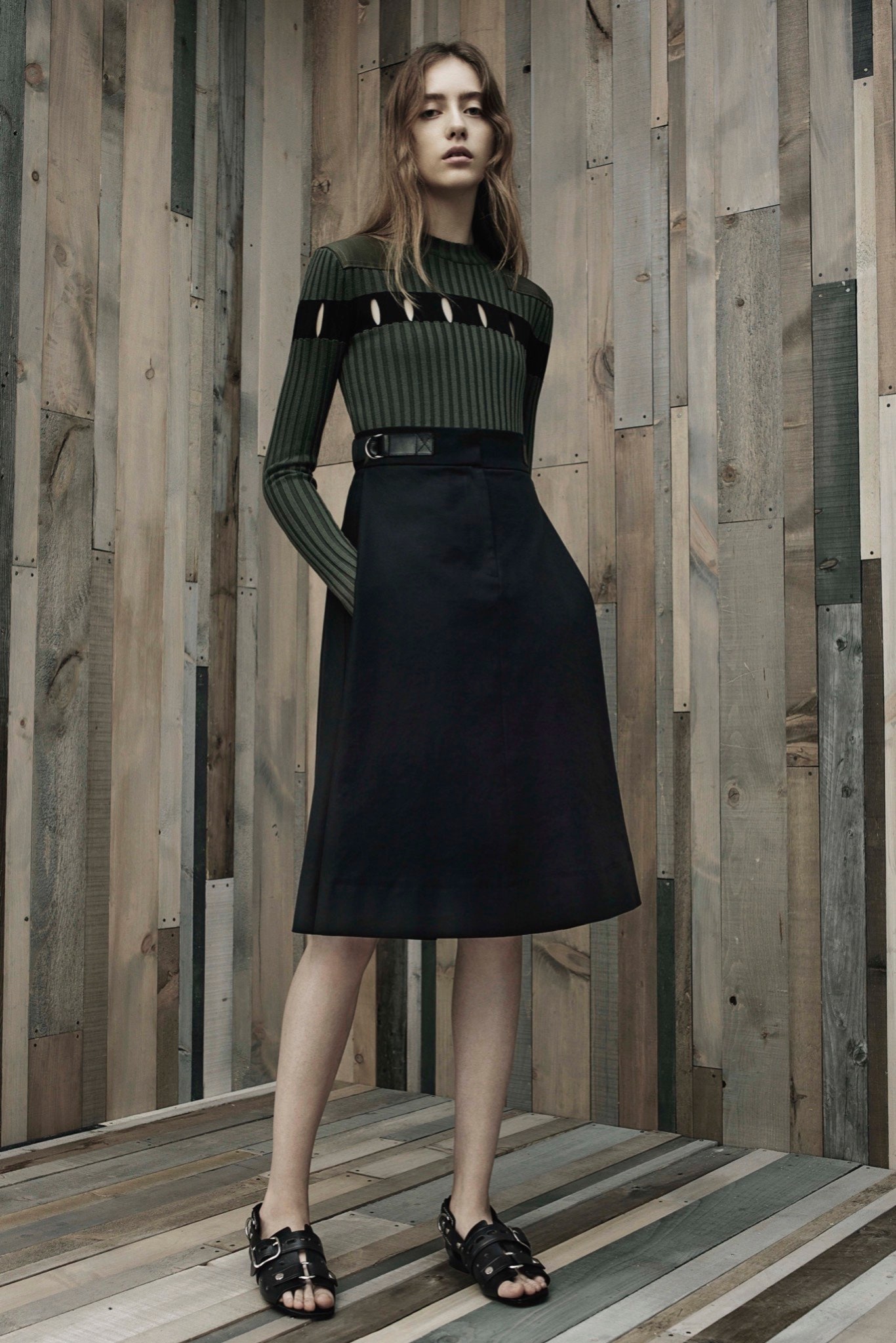 green cotton long-sleeve high-neck fitted ribbed top
