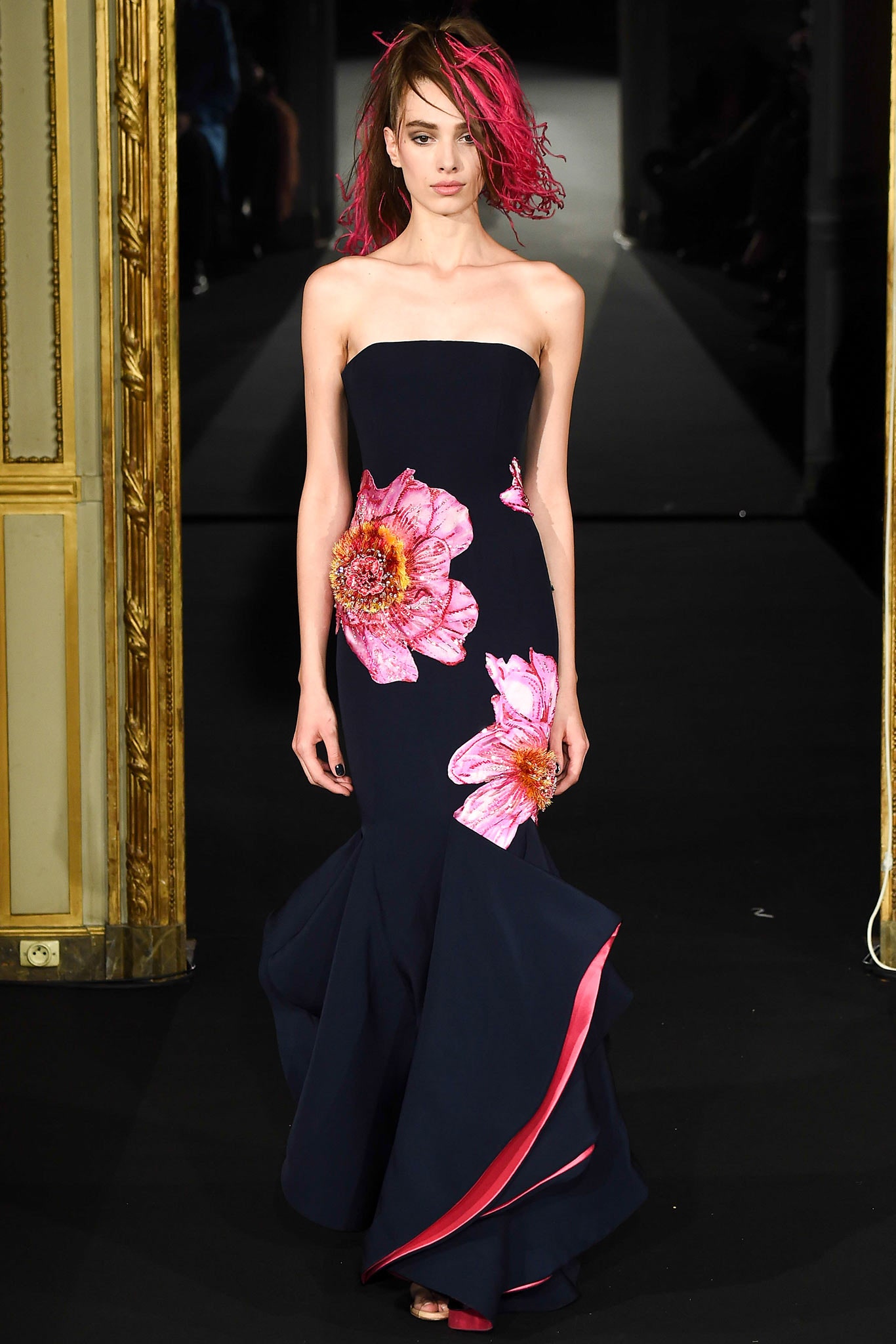 navy silk strapless flared gown