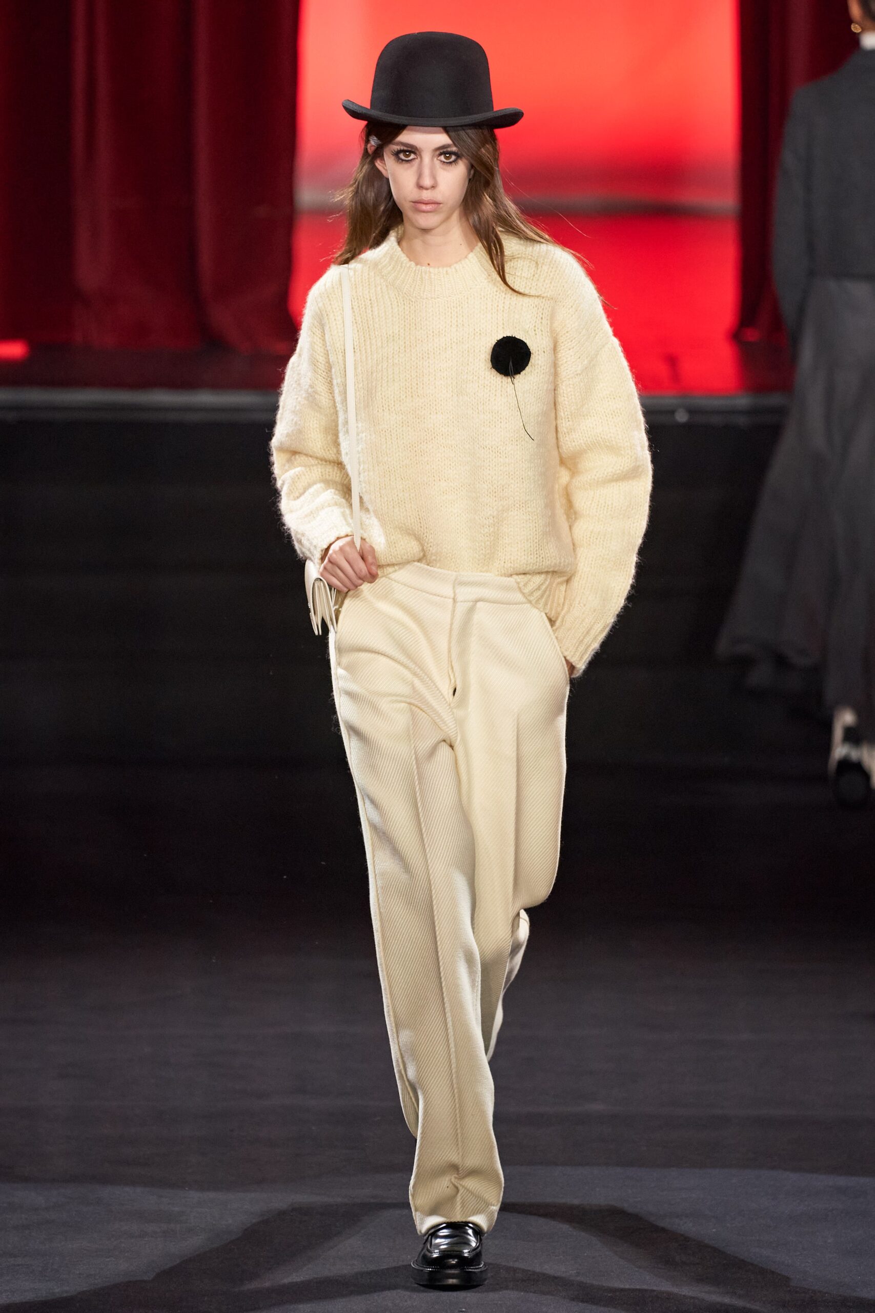 beige wool sweater with tailored pants