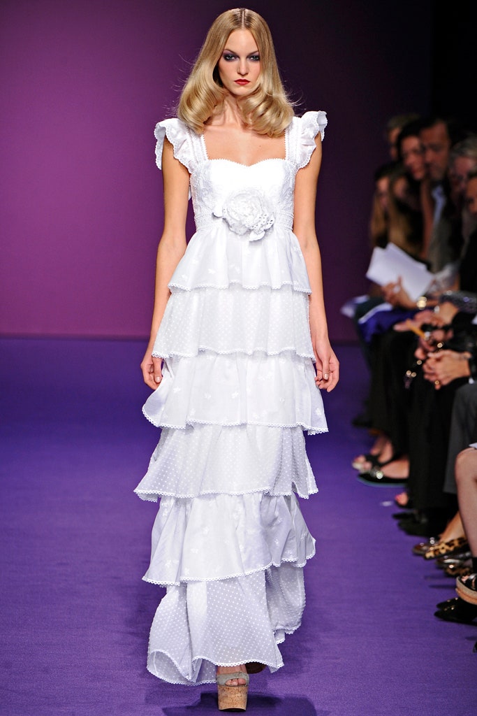 white tiered ruffled gown
