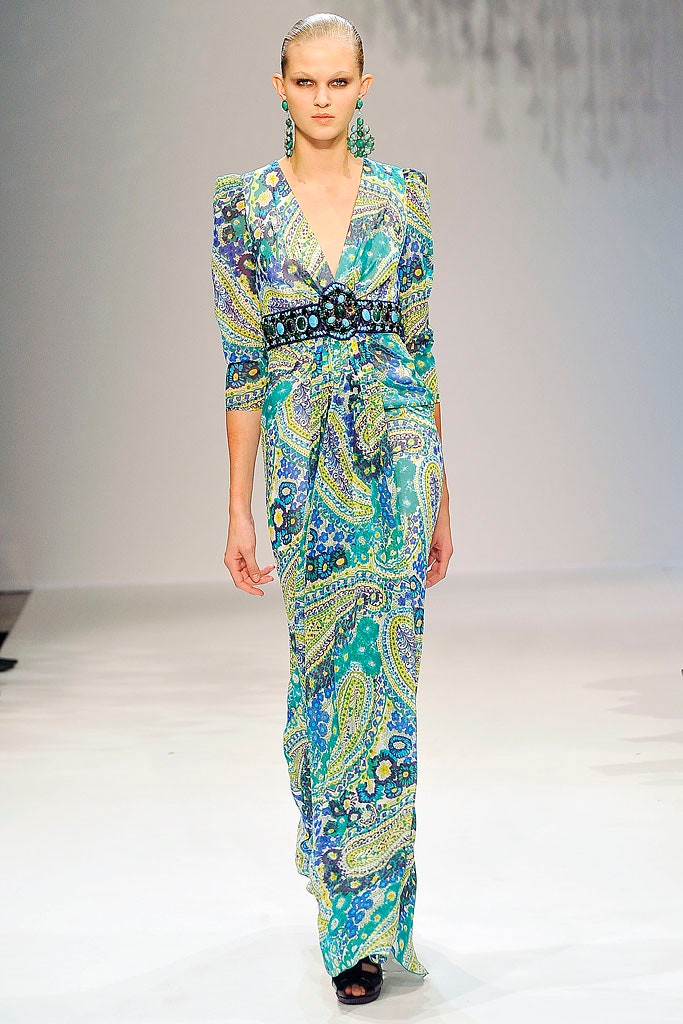 blue green printed silk gown
