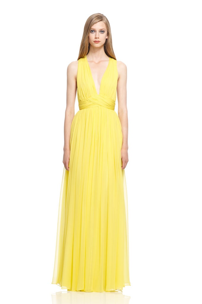 yellow pleated sleeveless gown