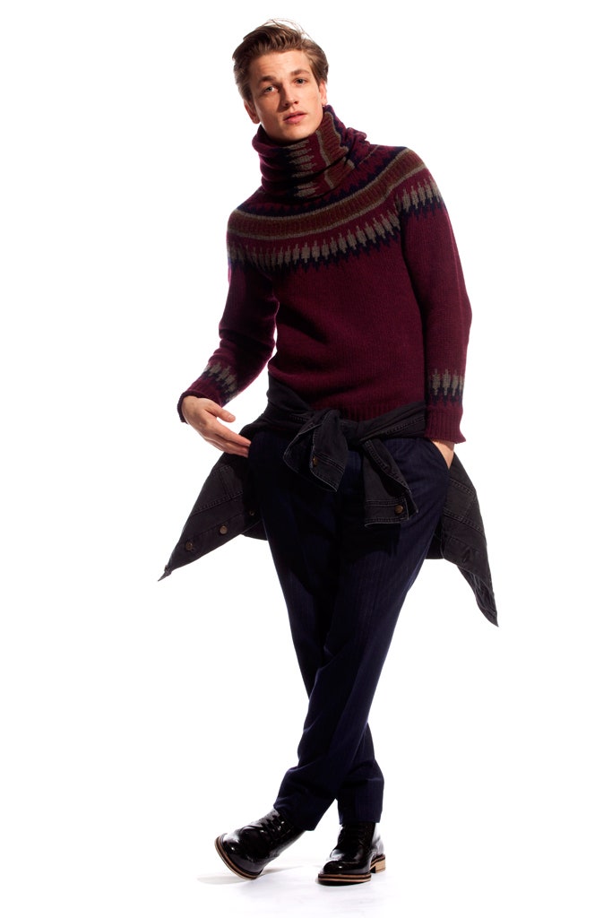 maroon wool sweater with tailored pants