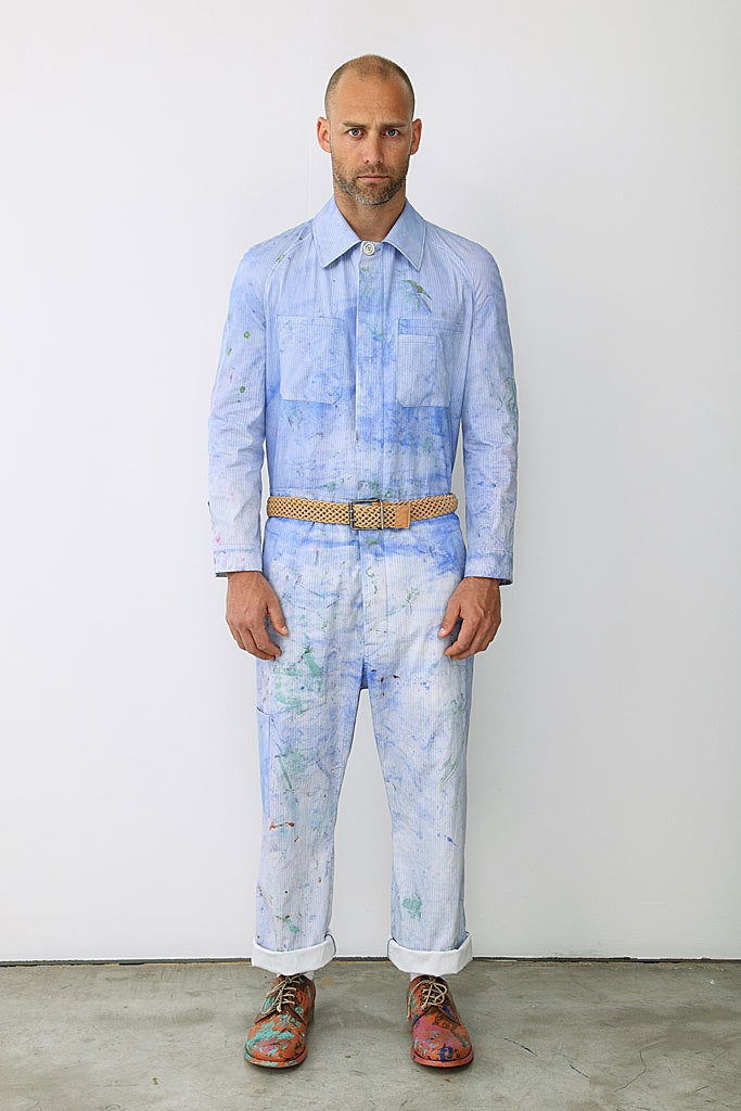 blue cotton long-sleeve collared relaxed pockets distressed jumpsuit
