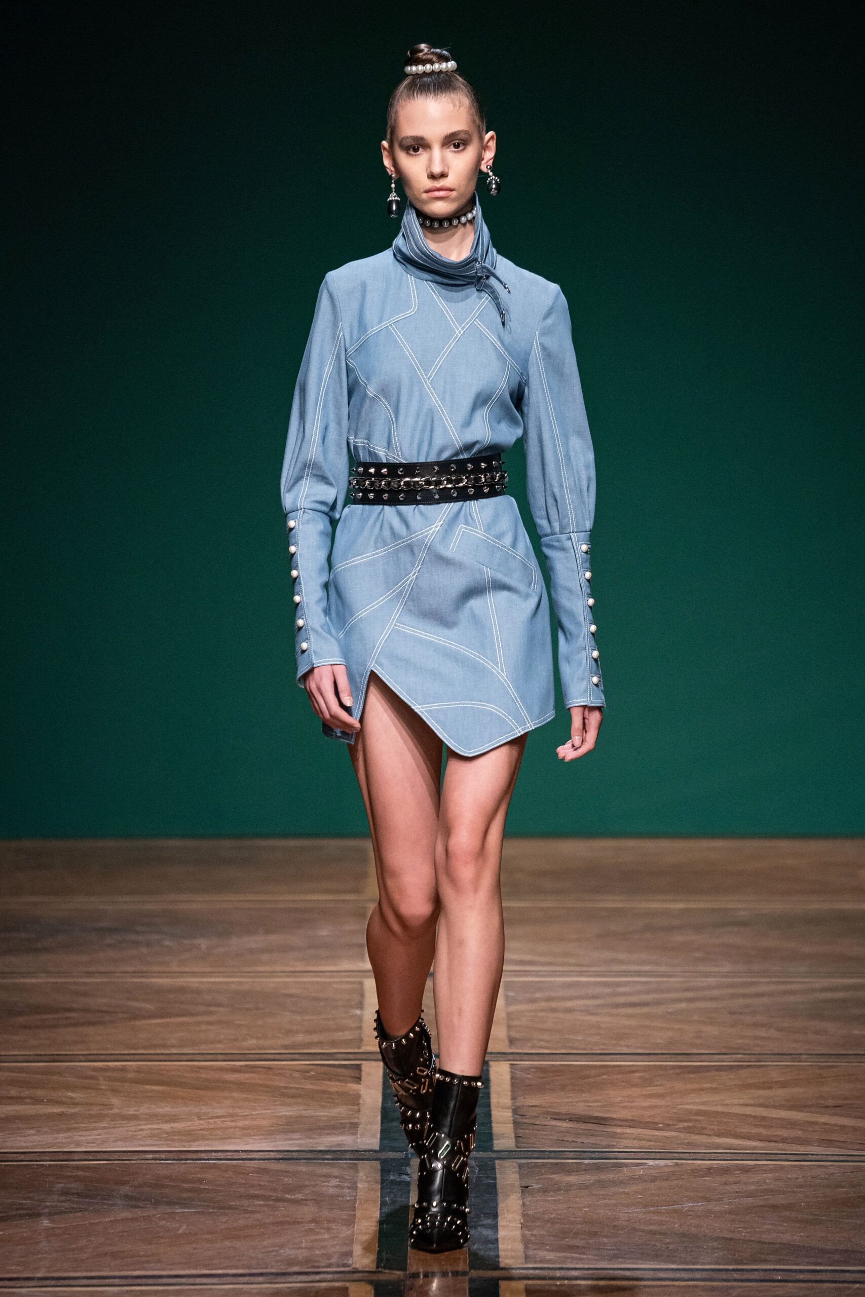 blue denim long-sleeve high-neck fitted buttoned mini dress