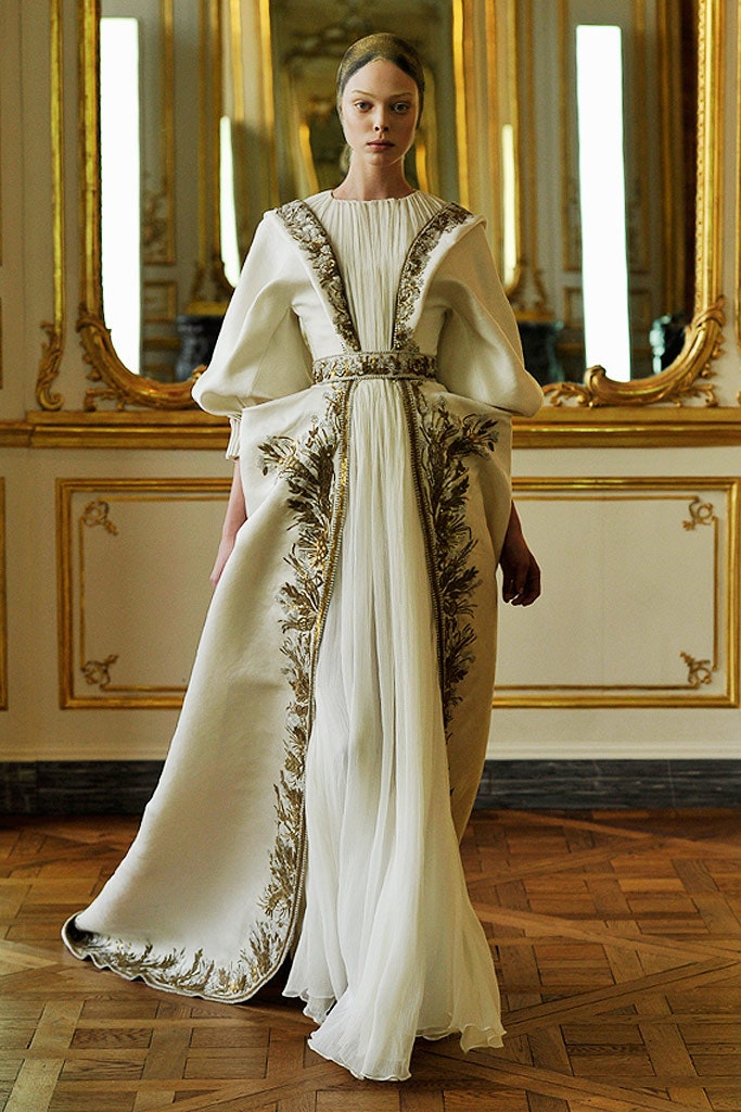 white silk embroidered gown