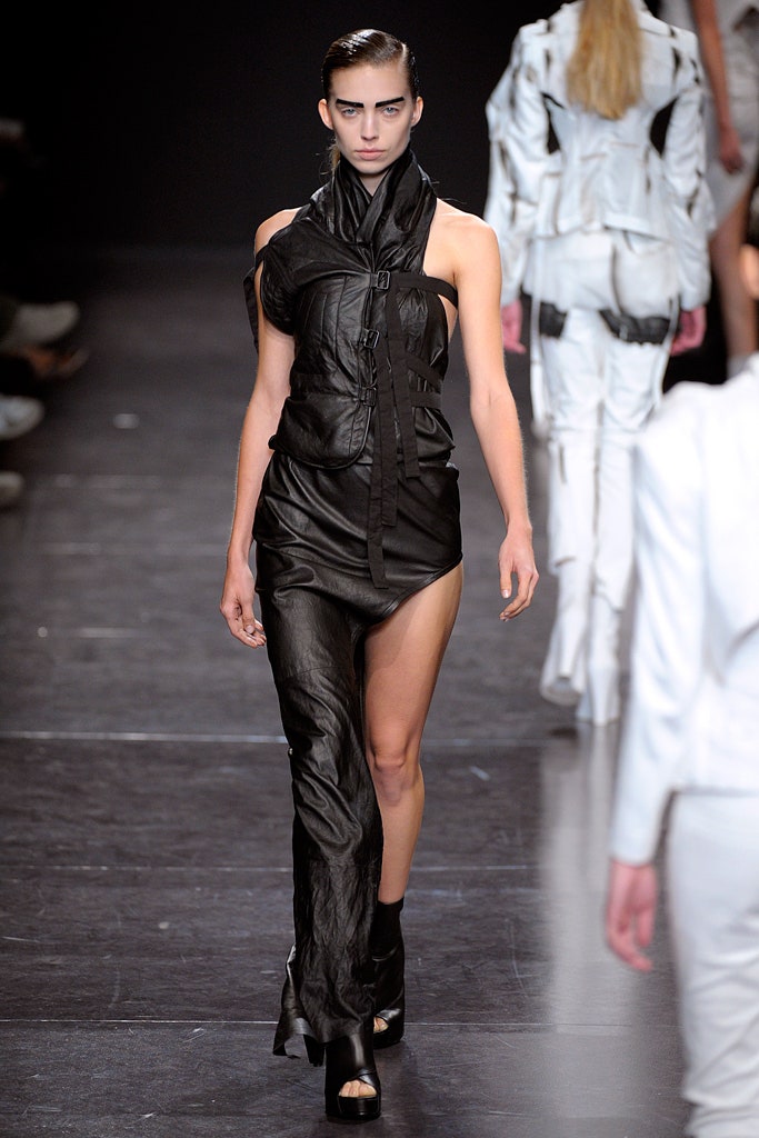 black leather sleeveless asymmetric dress