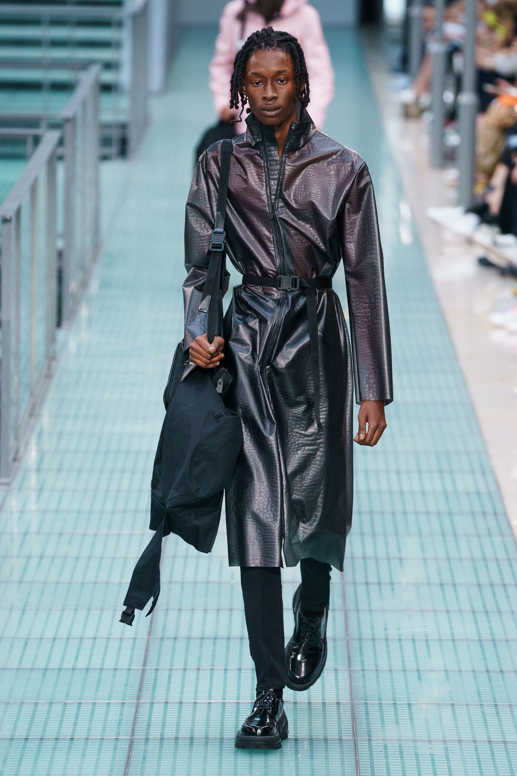 black vinyl long-sleeve collared fitted zippered belted coat
