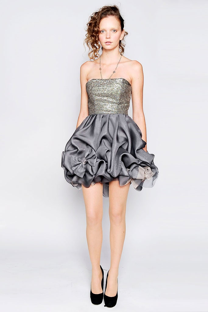 gray silk strapless ruffled dress