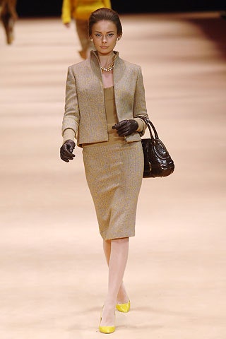beige tweed blazer and pencil skirt