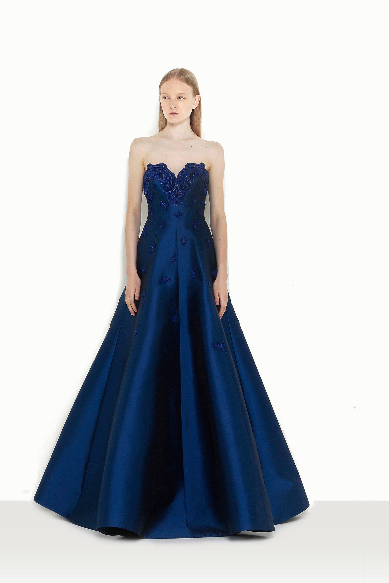 blue silk strapless gown