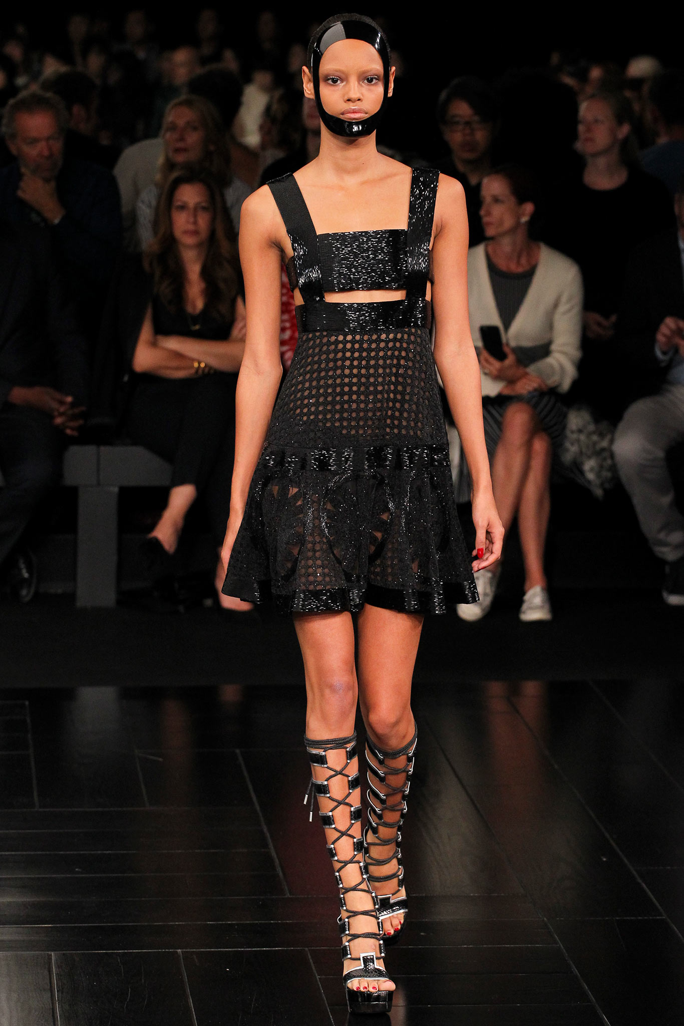 black mesh sleeveless square-neck fitted pleated sheer dress
