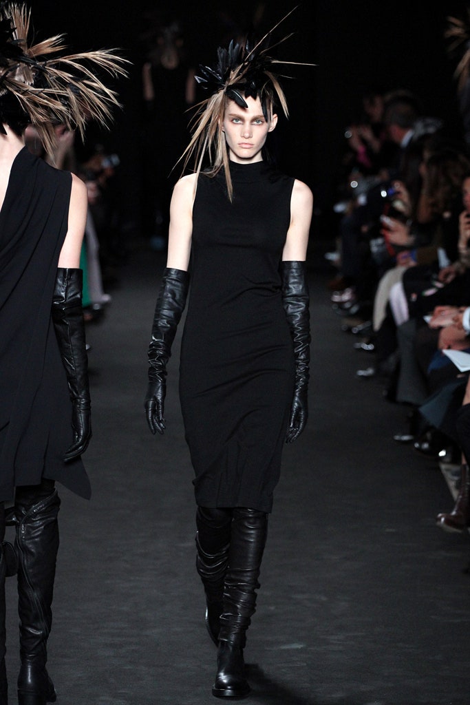 black fitted midi dress with gloves