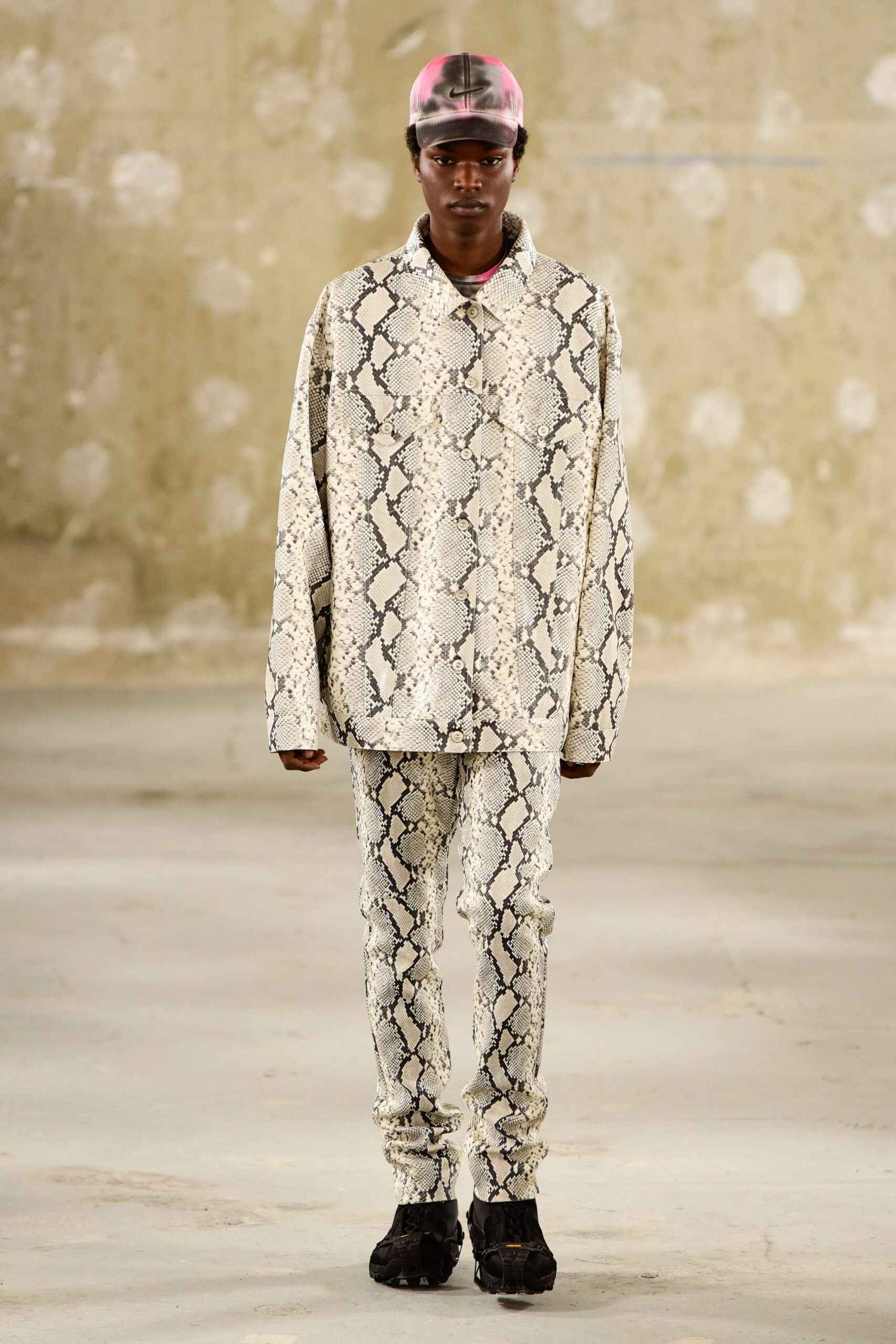 oversized snake print shirt and fitted pants