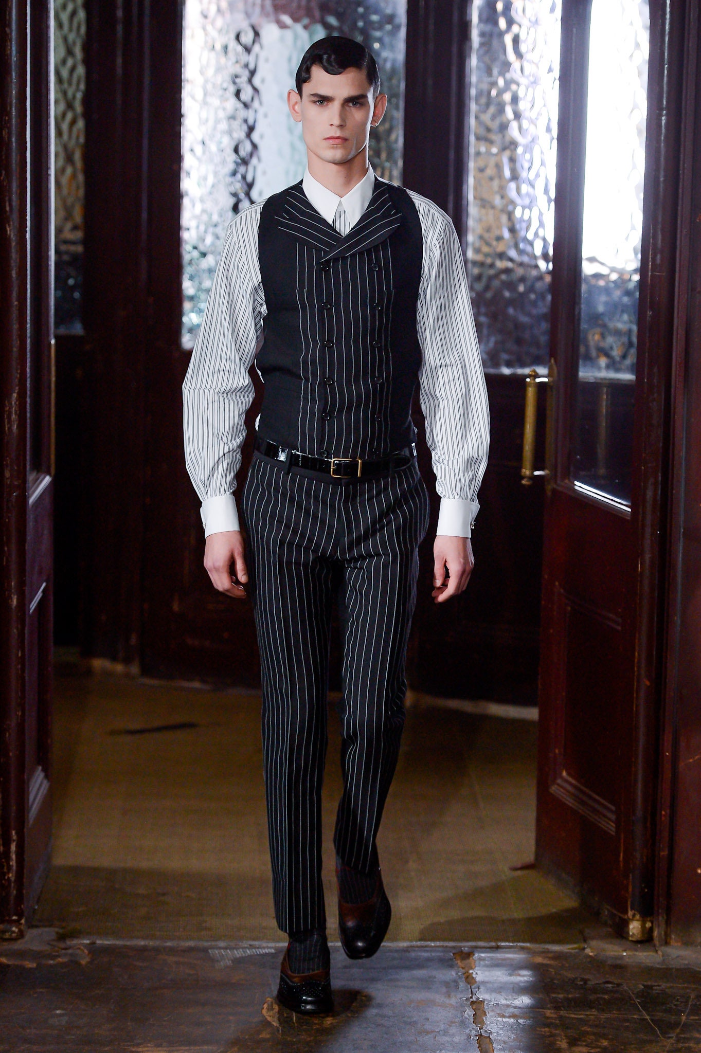 black and white striped suit