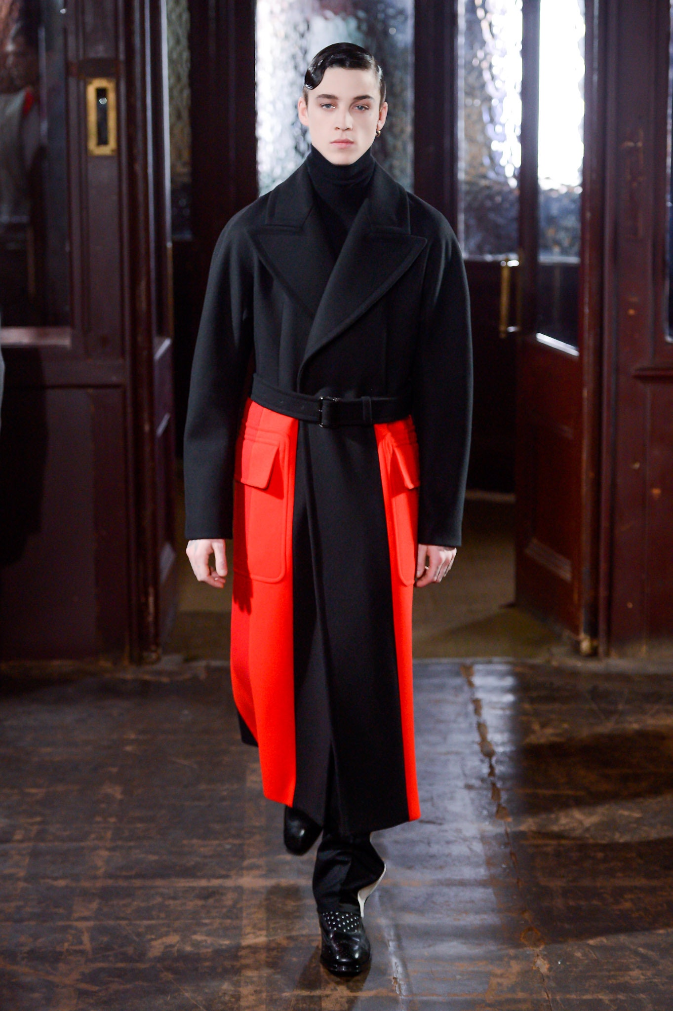 black and red belted coat