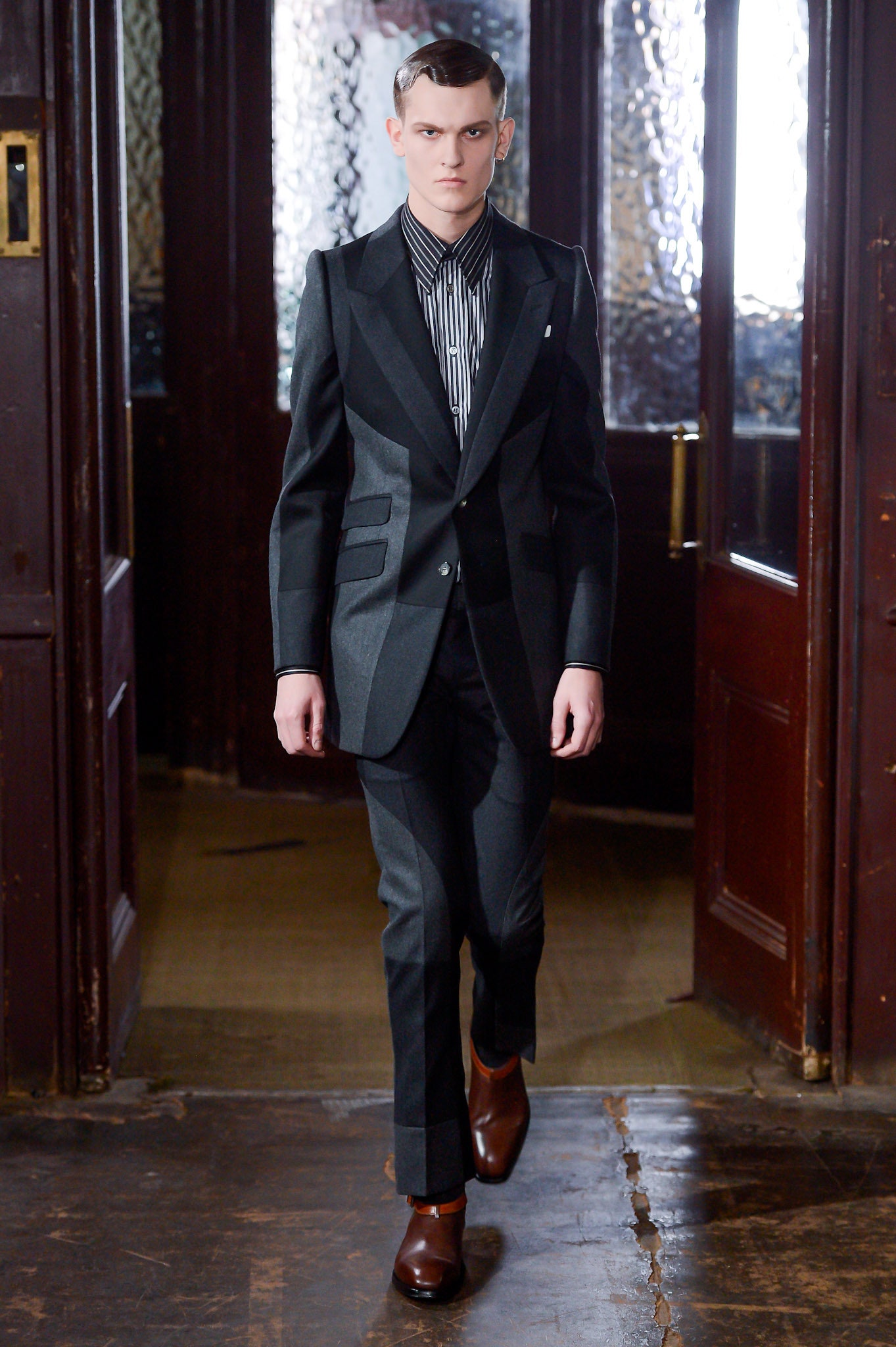 black wool long-sleeve collared tailored structured buttoned suit