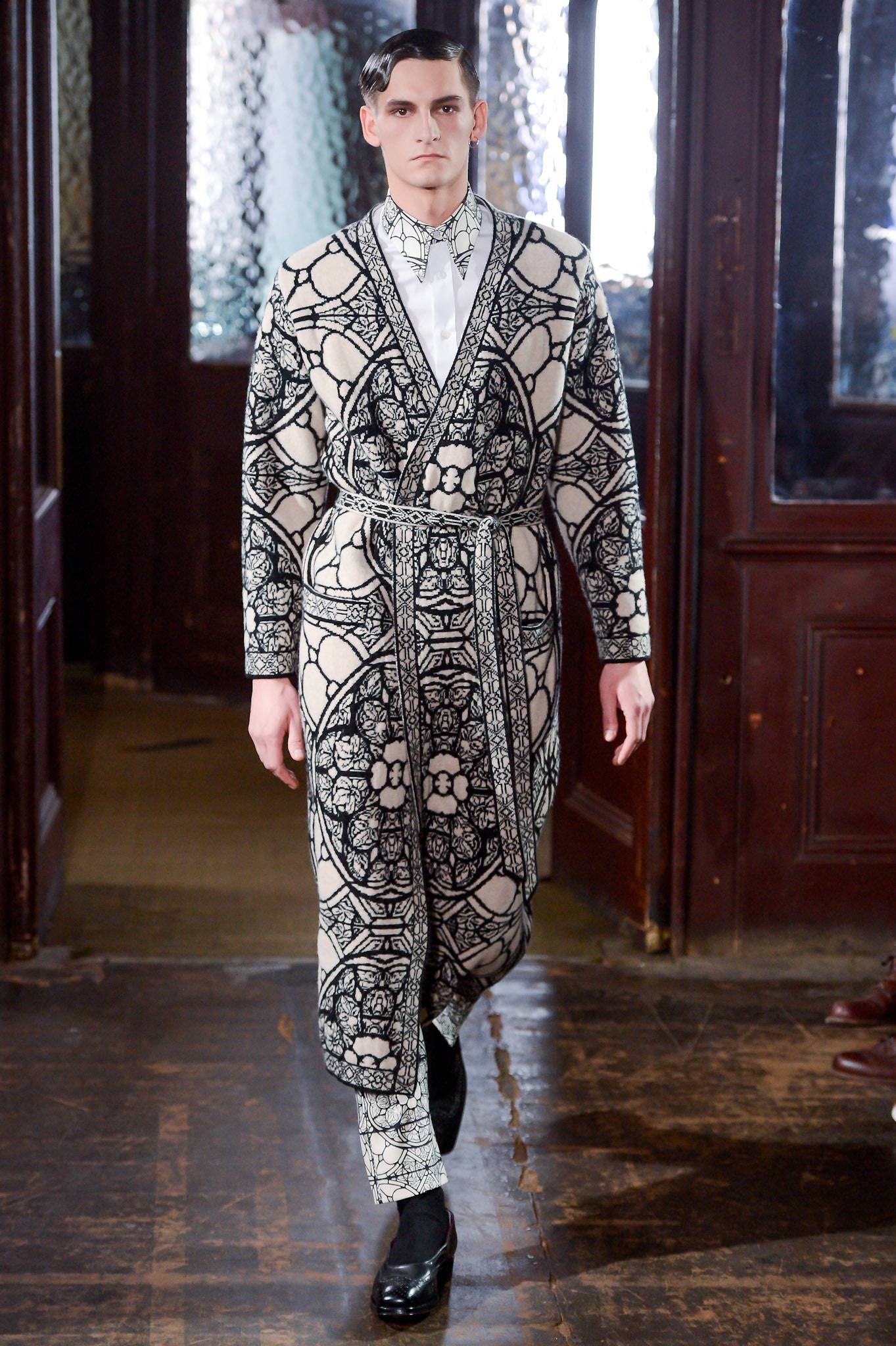 black and white printed coat and pants
