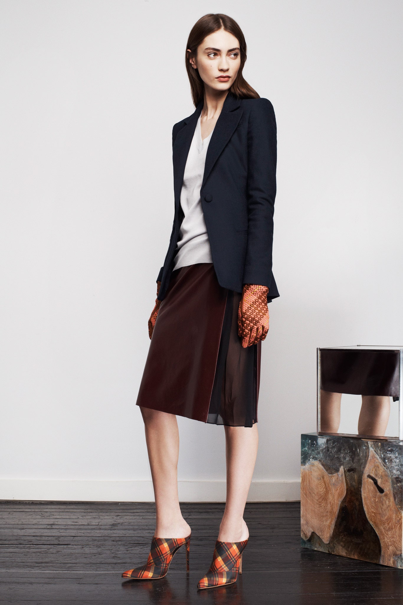 black blazer with brown skirt