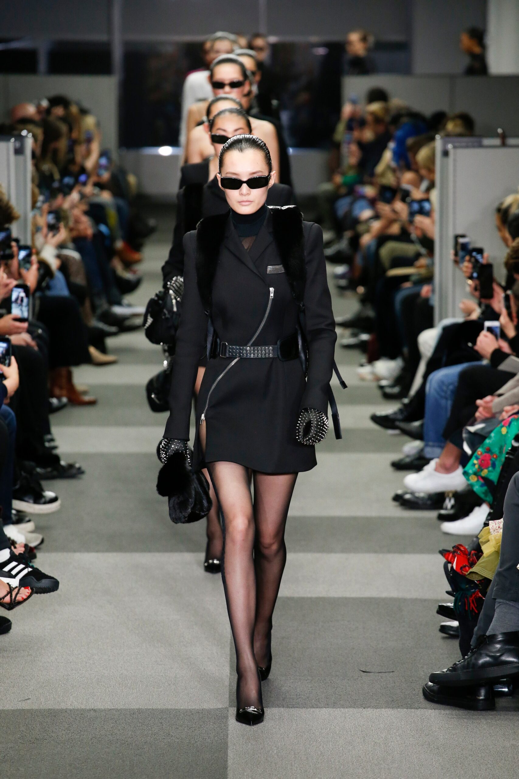 black wool long-sleeve collared fitted structured belted dress