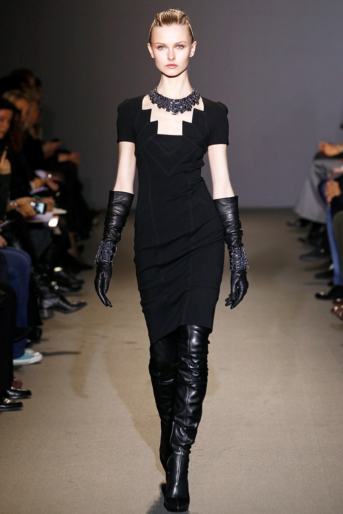 black fitted midi dress with gloves