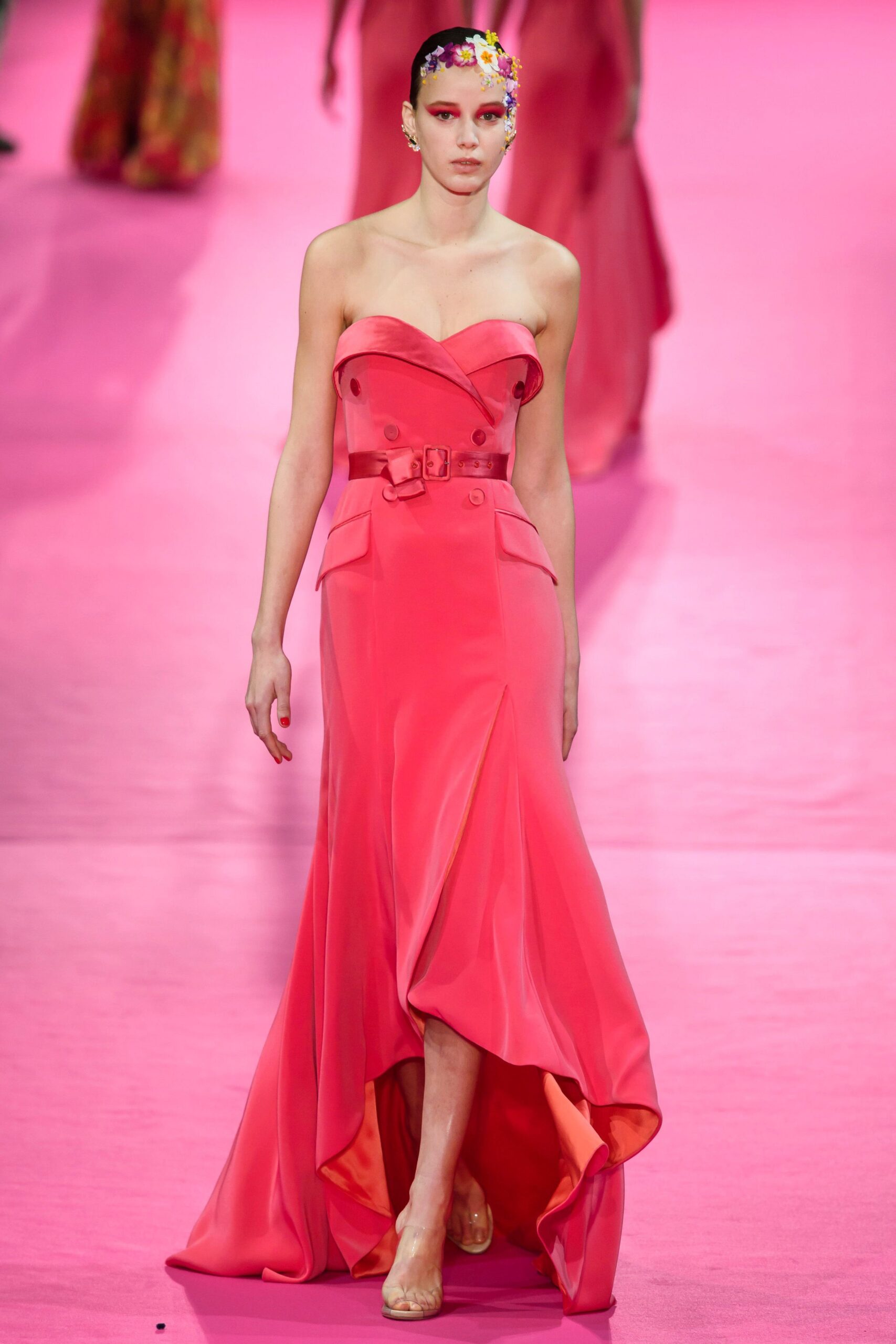 fitted pink silk strapless gown