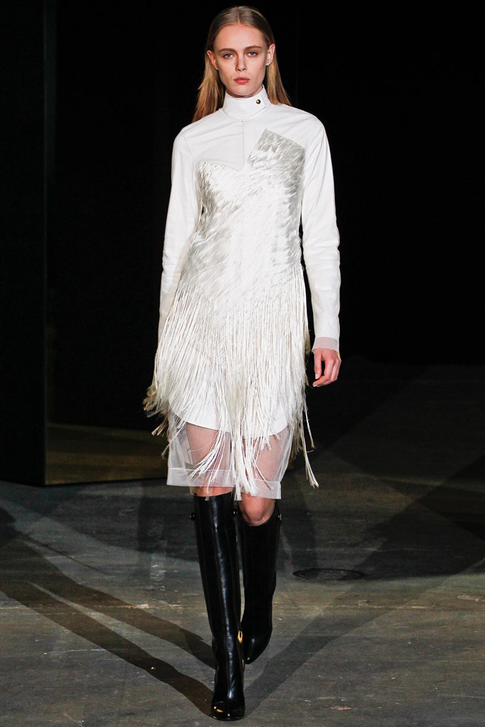 white fringed dress with black boots