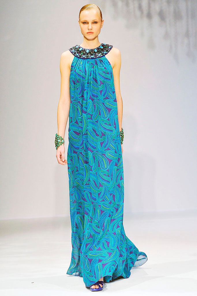 blue green printed maxi gown