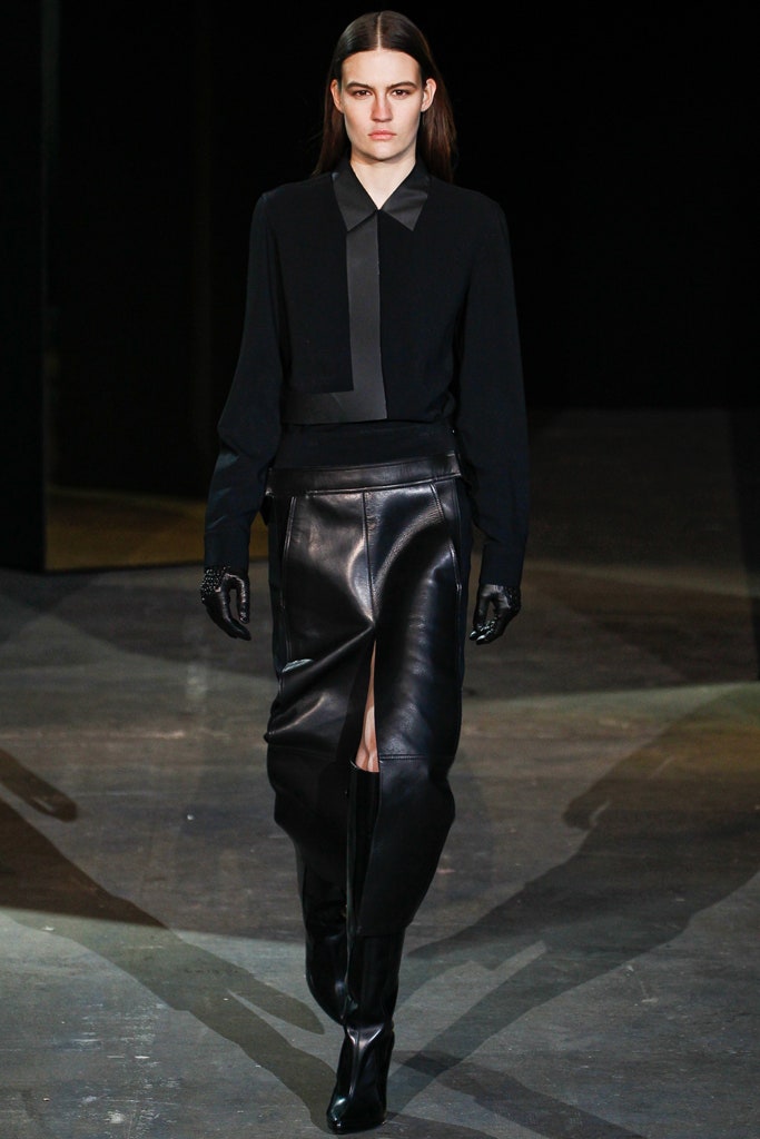 black silk blouse and leather skirt