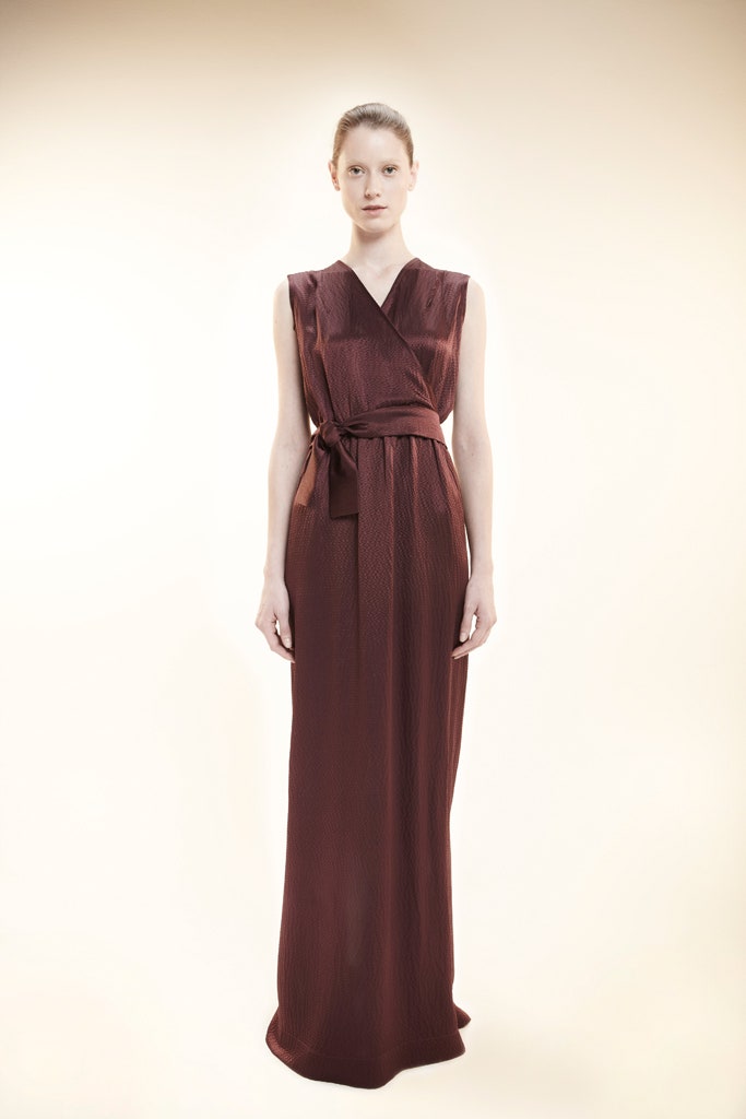 maroon silk sleeveless gown