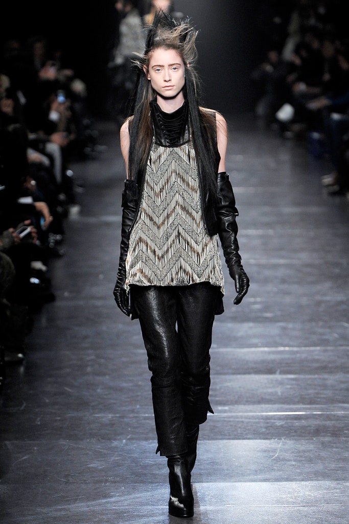 black silk pleated top with leather pants