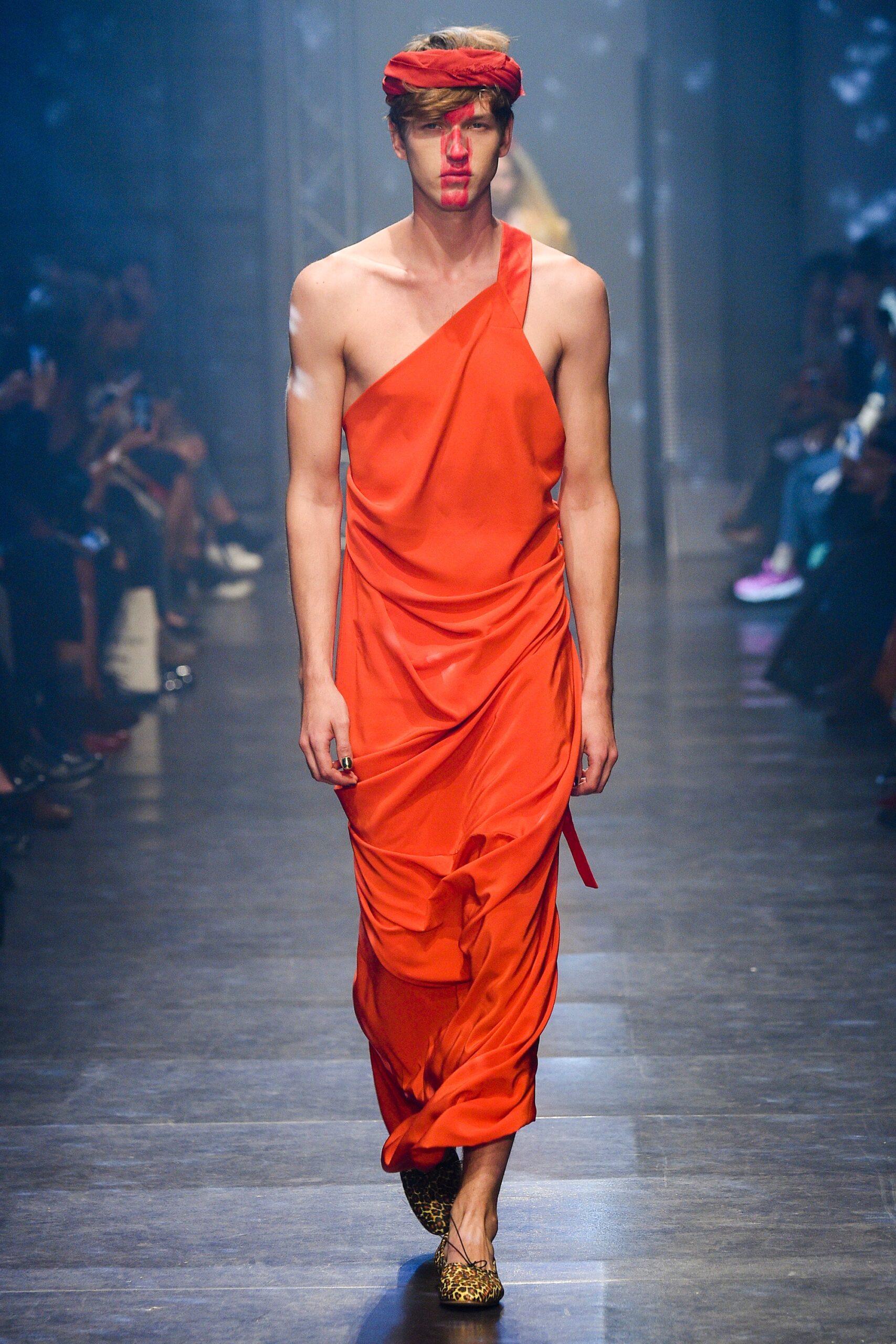 red silk asymmetric gown