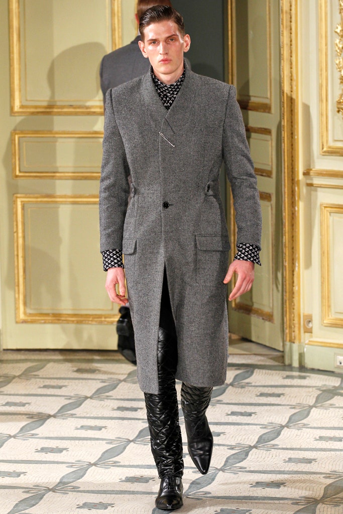 gray wool tailored coat and black leather pants