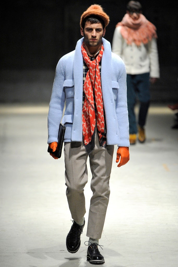 blue wool long-sleeve collared fitted buttoned sweater
