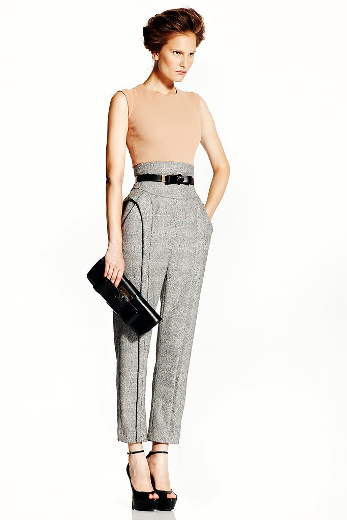 beige fitted top gray tailored pants