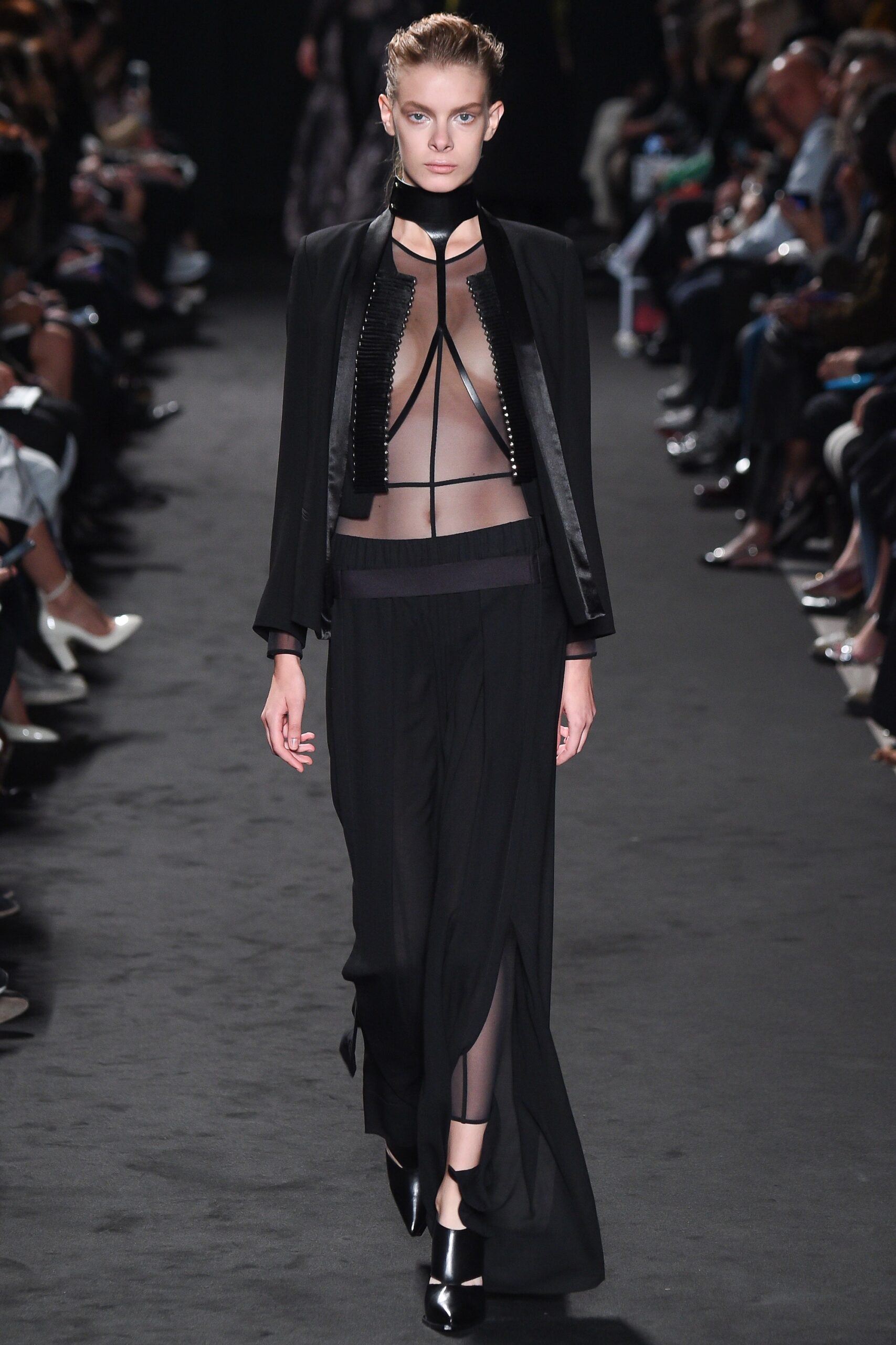 black mesh sleeveless high-neck fitted sheer top